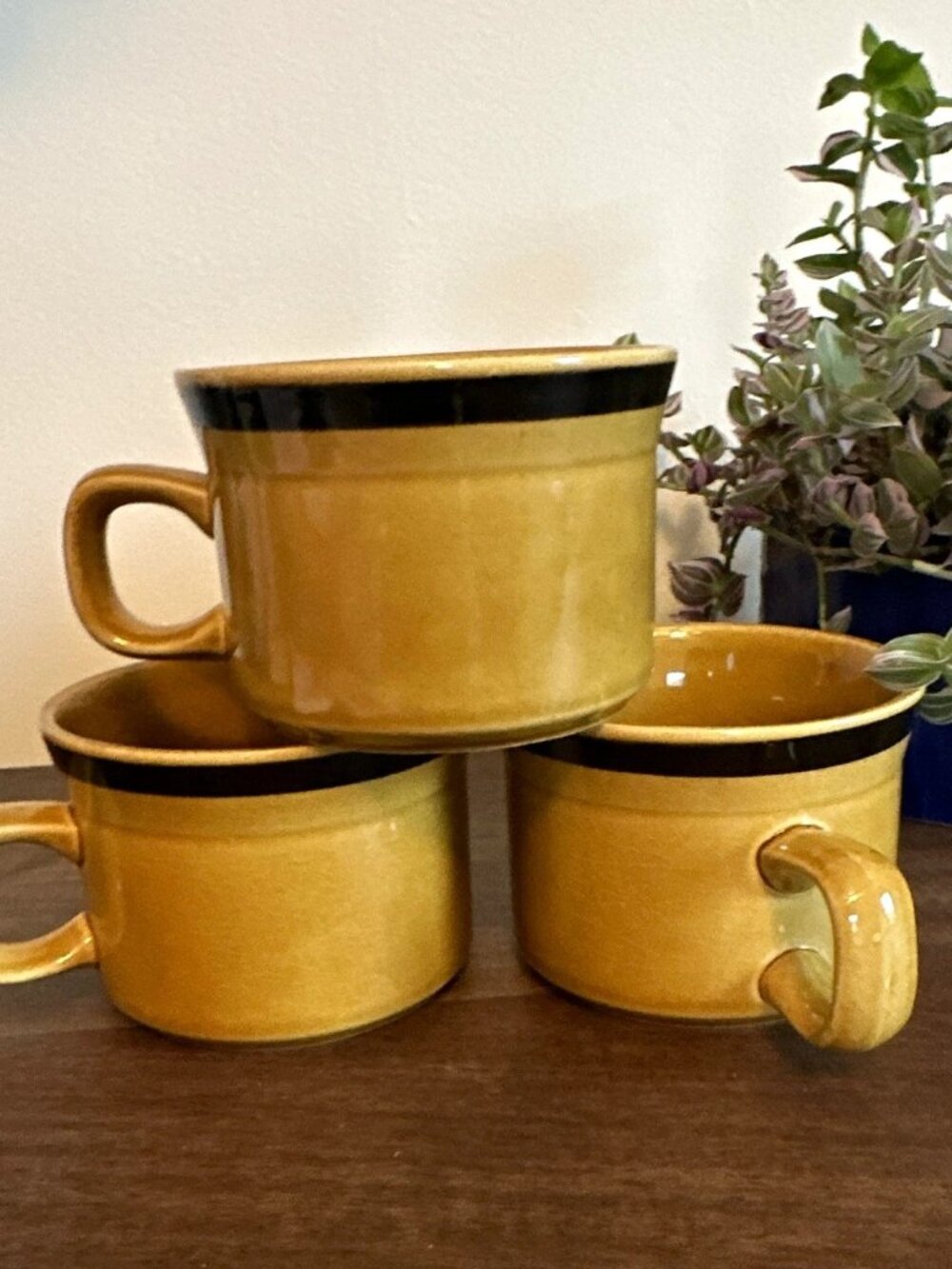 Retro Stoneware Japan Coffee Mugs Brown Black Band Set of 3